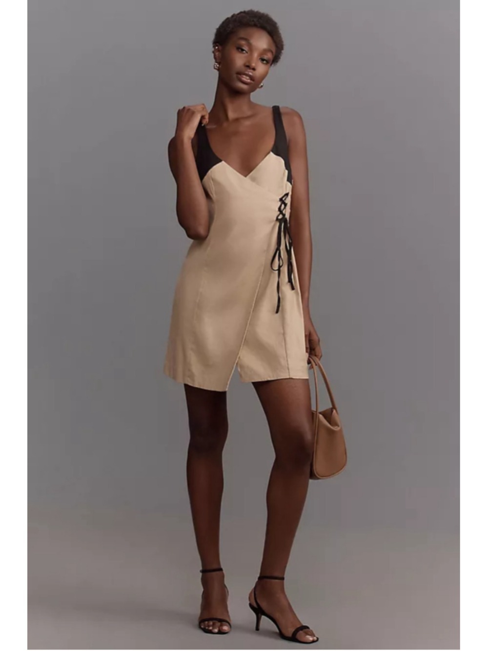 By Anthropologie Sleeveless Linen Wrap Mini Dress - Beige Black Colorblock - Sm